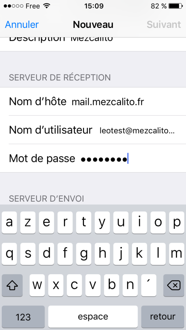 information serveur Compte Email Iphone