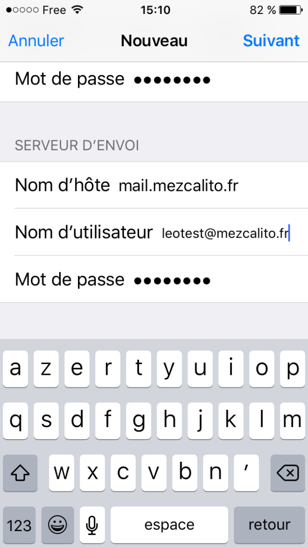 information serveur Compte Email Iphone