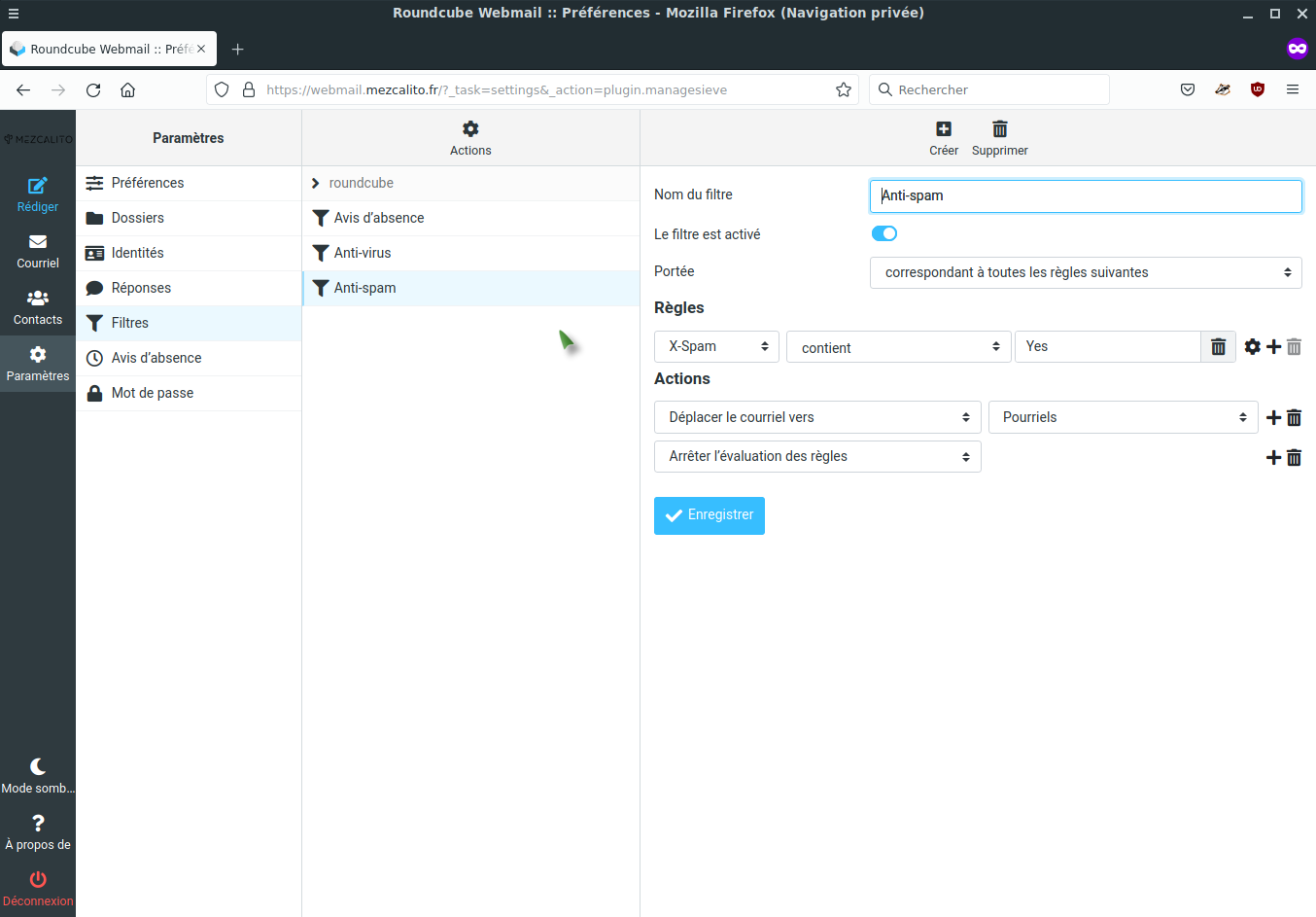 Paramètres > Filtres > Anti-spam