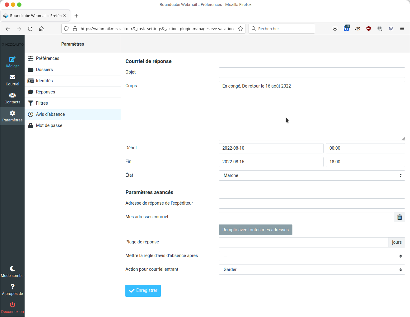 Paramètres > Avis d'absence