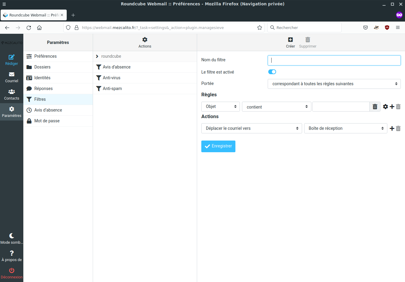 Paramètres > Filtres > Créer